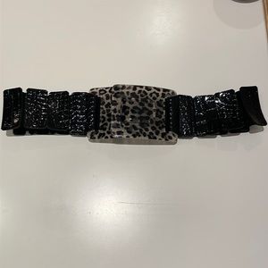Black Patent Wide Elasticized Belt with Animal Print Plastic Buckle Size XS